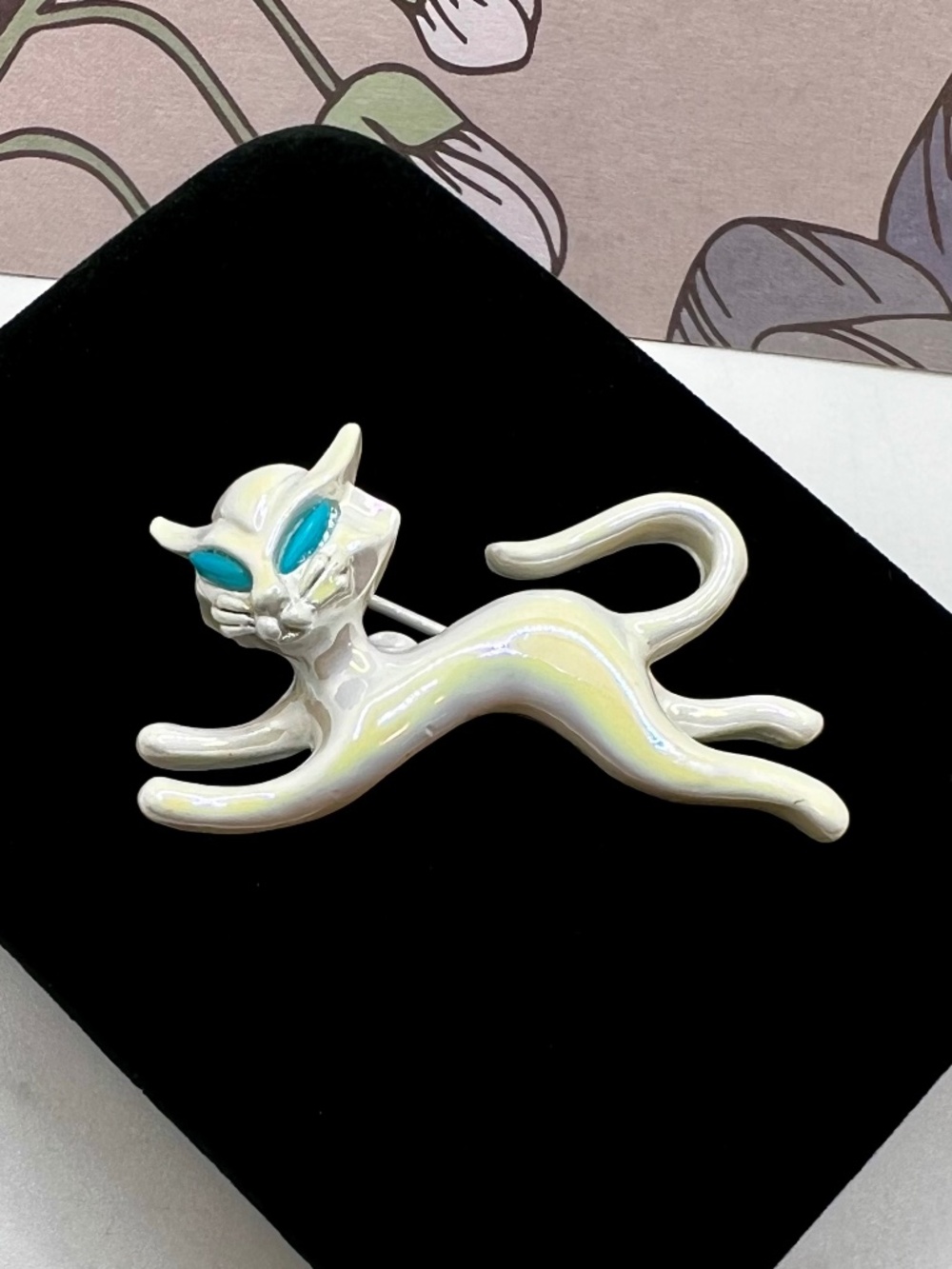 Painted Cat Brooch White Opal Enamel